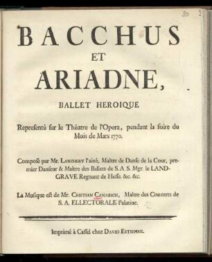Bacchus et Ariadne, ballet héroique : représenté sur le Théâtre de l'Opera, pendant la foire du mois de Mars 1770