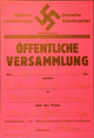 Versammlung der NSDAP-Ortsgruppe Achern: Die heutige politische Lage