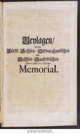 Beylagen, Zu dem Fürstl. Sachsen-Hildburghausischen Und Sachsen-Saalfeldischen Den 21. Julii 1702. dictirten Memorial