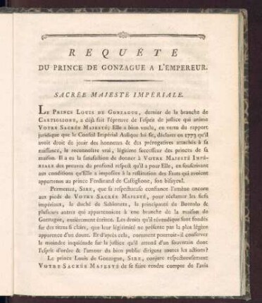 Requête Du Prince De Gonzague A L'empereur