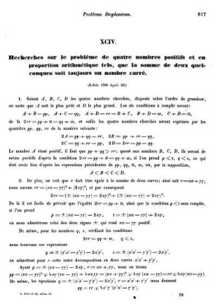 XCIV. Recherches sur le problème de quate nombres positifs et en proportion arithmétique tels, que la somme de deux quelconques soit toujours un nombre carré.