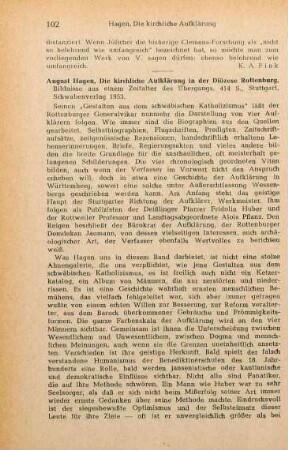 102-103 [Rezension] Hagen, August, Die kirchliche Aufklärung in der Diözese Rottenburg