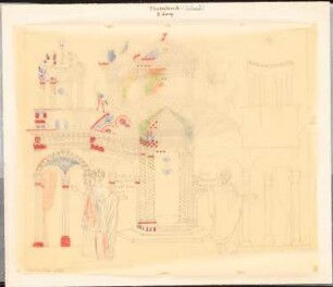 S. Georg, Thessaloniki: Durchzeichnung: Ansicht Wandmalerei (Mosaik?) mit Figuren, klassizistischem Tempel, Säulenornamentik und altgriechischen Inschriften, nach Charles Texier und Richard P. Pullan, XXXII