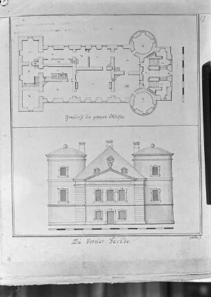 Vaterländische Merkwürdigkeiten — Grundriss des Schloss Ass und Aufriss der vorderen Fassade, Folio S. 17