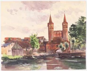 Mühlentor, Stargard: Perspektivische Ansicht vom Abzweig des Flusses Ihna aus gesehen