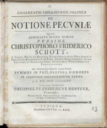 Dissertatio Philosophico-Politica: De Notione Pecvniæ