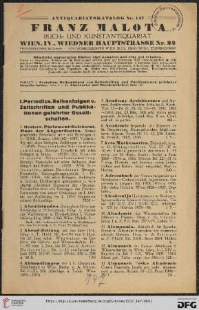 I. Periodica. Reihenfolgen v. Zeitschriften und Publikationen gelehrter Gesellschaften (Nr. 1 - 586)