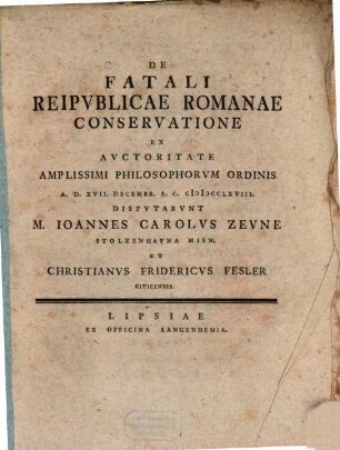 Disp. de fatali reipublicae romanae conservatione