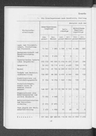 1. Die Erwerbspersonen nach Geschlecht, Stellung im Beruf und Wirtschaftsabteilungen am 6.6.1961