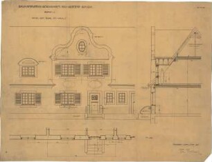 Fischer, Theodor; München - Laim, Gunzenlehstr.; Wohnsiedung Bauhandwerk-Gesellschaft Neu-Westend - Block 3 Giebel am Haus 'C' (Teilgrundriss, Ansicht, Schnitt)