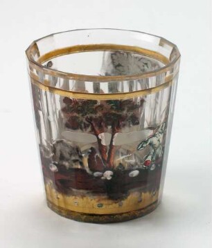 Zwischengoldglas-Becher mit Jagdmotiven