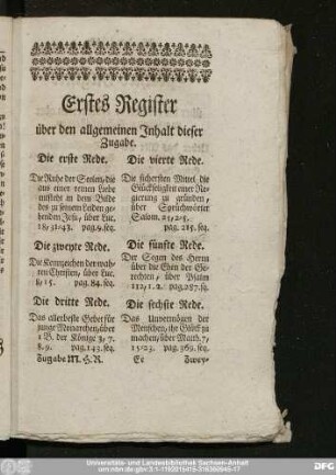 Erstes Register über den allgemeinen Inhalt dieser Zugabe.