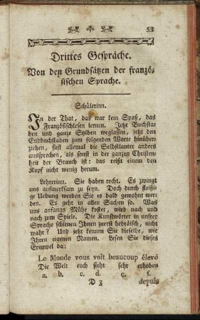 Drittes Gespräche. Von den Grundsätzen der französischen Sprache.