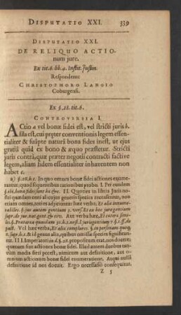 Disputatio XXI. De Reliquo Actionum iure ... Respondente Christophoro Langio Coburgensi