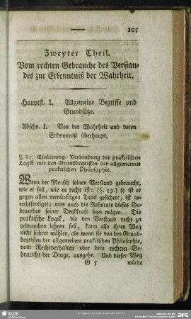 [Der Logik Zweyter, Praktischer Theil] Vom rechten Gebrauche des Verstandes zur Erkenntniß der Wahrheit