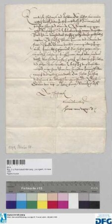 Dr. Heinrich [Rudolff] von Weze ersucht die Stadt Nürnberg um Übermittlung der ihm verschriebenen 400 fl. Stadtsteuer durch Haussen Herman und andere der Herren Welser Diener.
