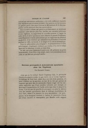 Narcose provoquée et Autonarcose spontanée chez les Végétaux.