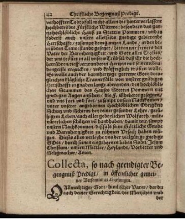 Collecta, so nach geendigter Begengnuß Predigt ... abgesungen