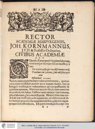 RECTOR ACADEMIAE MARPVRGENSIS, JOH. KORNMANNUS, J.V.D.&Professor Ordinarius, CIVIBUS ACADEMIAE