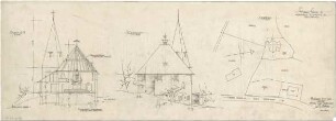 Gsaenger, Gustav; Hirschegg / Kleinwalsertal (Österreich); Ev. Kreuz Kirche - Bauvorlage (Lageplan), Südseite (Ansicht), Schnitt