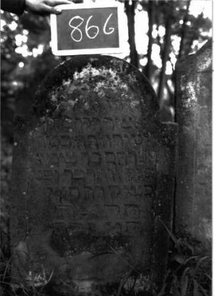 Grabstein 866 (Index: 100102971) Material: Sandstein Zustand: teilweise verwittert Maße HxBxT: 100x58x10 cm Beschreibung: Stele, eingezogener Rundbogenabschluss, Schriftfeld eingetieft mit Konvexbogenabschluss: Grabstein 866