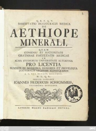 Dissertatio Inauguralis Medica De Aethiope Minerali