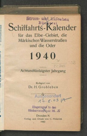58.1940: Schiffahrts-Kalender für das Elbe-Gebiet und die Märkischen Wasserstrassen