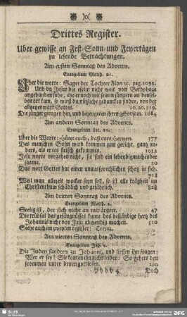 Drittes Register. Uber gewisse an Fest- Sonn- und Feyertägen zu lesende Betrachtungen