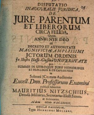 Disputatio Inavgvralis Jvridica, De Jure Parentum Et Liberorum Circa Feuda