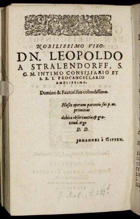 Nobilissimo Viro Dn. Leopoldo A Stralendorff [...]