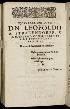 Nobilissimo Viro Dn. Leopoldo A Stralendorff [...]