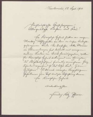 Schreiben von Friedrich Katz an die Großherzogin Luise; während der Andacht gesungene Lieder