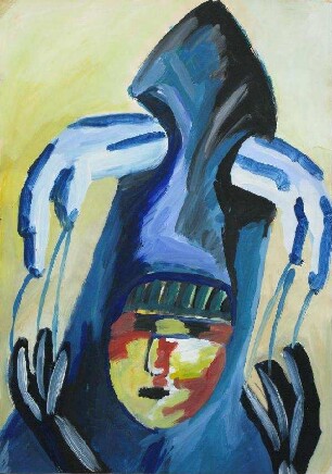 Kopf in blauem Helm