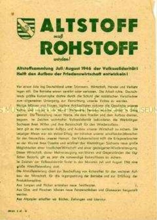 Aufruf des Kreisausschusses Dresden-Stadt/Land der Volkssolidarität zu einer Altstoffsammlung