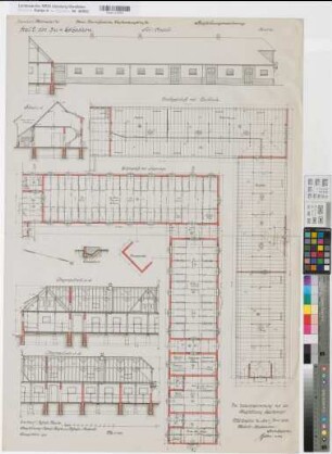 Münster (Münster) Trainkaserne Stall 2 (3.u.4. Eskadron) Bl. 20 Grundrisse, Ansicht, Schnitte (1913)1917 1 : 100 100 x 66 farb. Druck Maschke, Regierungsbaumeister Hochbauamt Münster