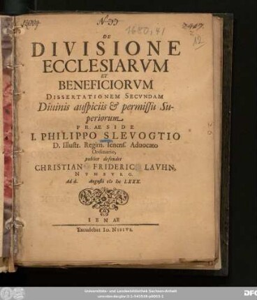 De Divisione Ecclesiarum Et Beneficiorum Dissertationem Secundam