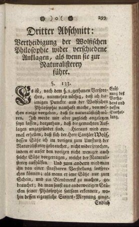 Dritter Abschnitt: Vertheidigung der Wolfischen Philosophie wider verschiedene Anklagen, als wenn sie zur Naturalisterey fuehre