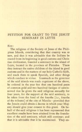 Petition for grant to the Jesuit seminary in Leyte