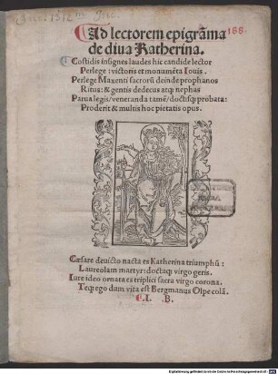Carmen de sancta Catharina : mit Widmungsbrief des Autors an Christoph von Schrofenstein. Mit Gedicht an den Leser von Johann Bergmann und auf Locher von Sebastian Brant. Holzschnitt von Albrecht Dürer (?)