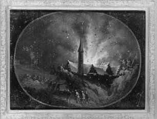 Brennendes Dorf mit Turm