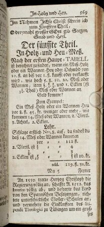 Der fünffte Theil. In Holtz- und Heu-Meß. - Siebender Theil. In Ehlen-Meß.
