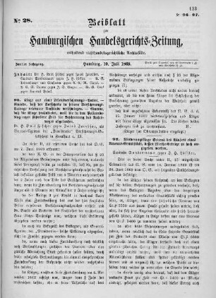 Beiblatt zur hamburgischen Handelsgerichts-Zeitung No. 28. Zweiter Jahrgang. Hamburg, 10. Juli 1869.