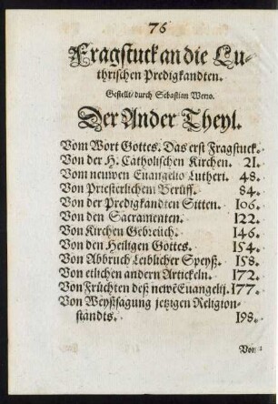 Fragstuck an die Luthrischen Predigkandten ... Der Ander Theyl.