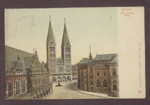Postkarte, Motiv des Bremer Rathausplatzes, von Constantin Fehrenbach an Wilhelm Rosset