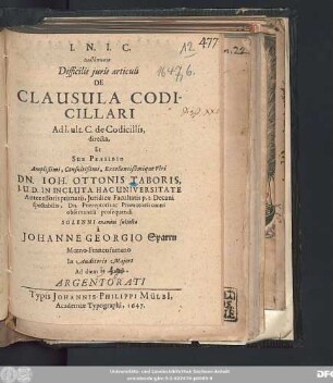 Diatyposis Difficilis iuris articuli De Clausula Codicillari Ad L. ult. C. de Codicillis