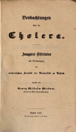 Beobachtungen über die Cholera : Inaugural-Dissertation