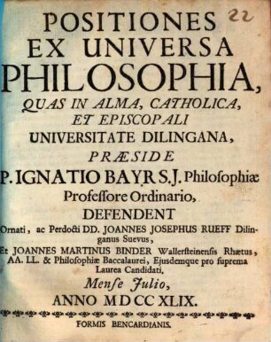 Positiones Ex Universa Philosophia : Quas In Alma, Catholica, Et Episcopali Universitate Dilingana
