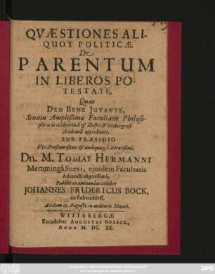 Quaestiones Aliquot Politicae, De Parentum in Liberos Potestate