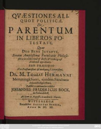 Quaestiones Aliquot Politicae, De Parentum in Liberos Potestate