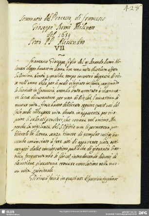 [Text 17:] Sommario del Processo di Francesco Gioseppe Borri Milanese del 1659 Sotto Papa Alessandro VII